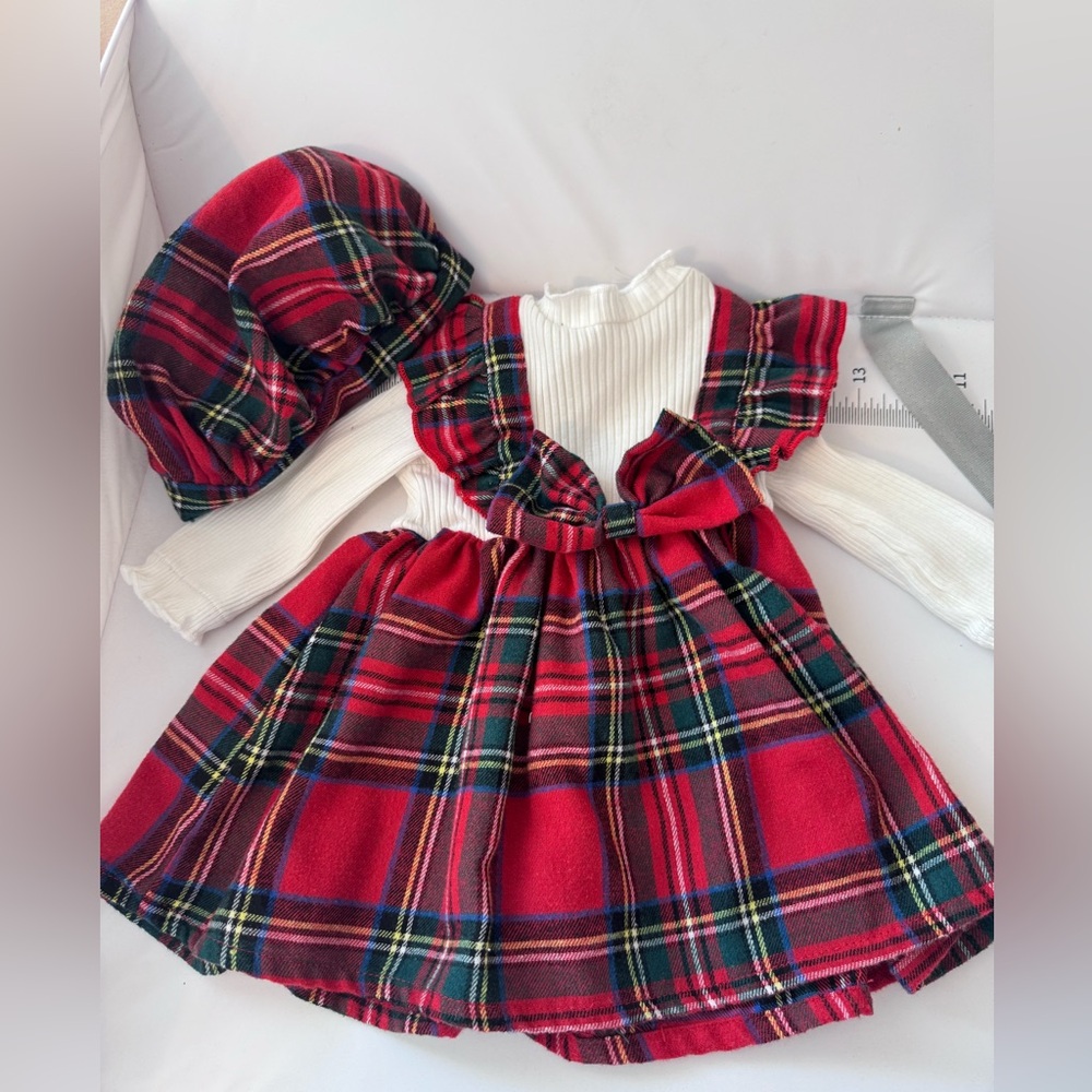 Baby girl red plaid dress with hat set
